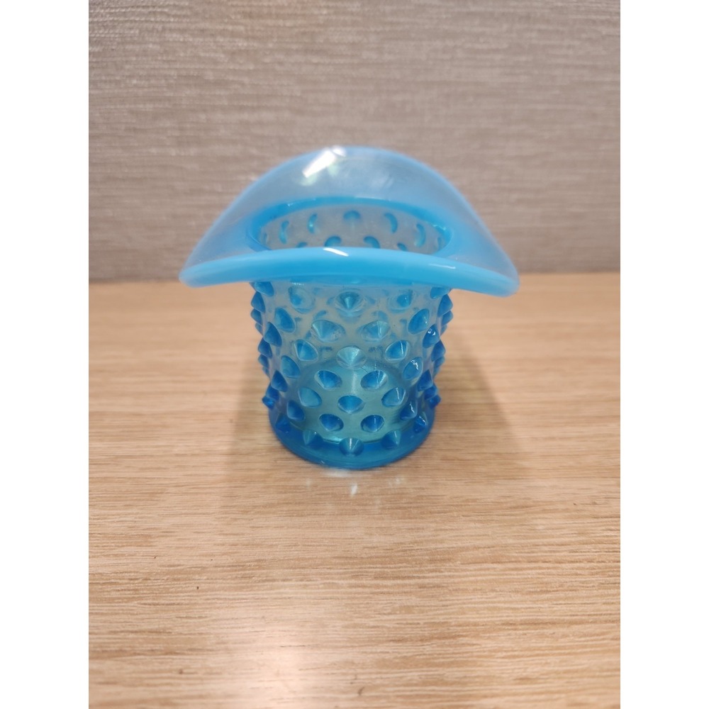 Vintage Fenton Opalescent Aqua Blue Hobnail Top Hat Vase / Toothpick Holder